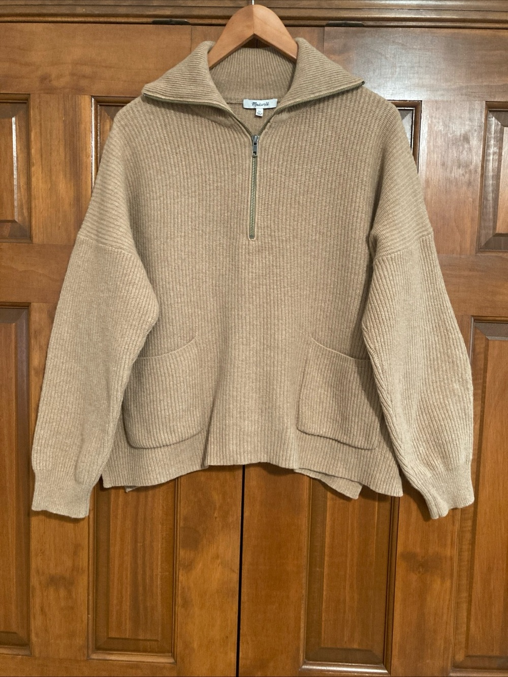 Madewell Camel Ribbed Half-Zip boxy merino wool Turtleneck Sweater women’s XL